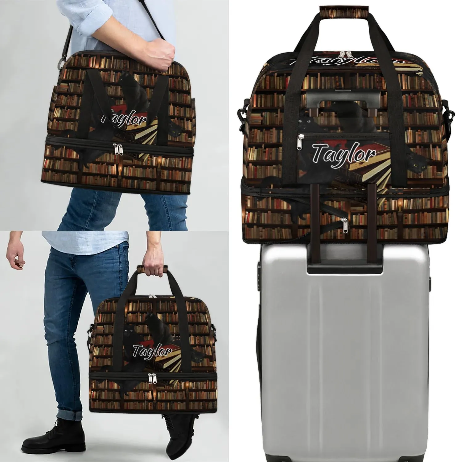Customized Gym Bag for Women, Personalized Library Bookshelf Travel Duffel Bag with Name, Black Cat Weekender Overnight Bag with Shoes Compartment for Men Travel Yoga