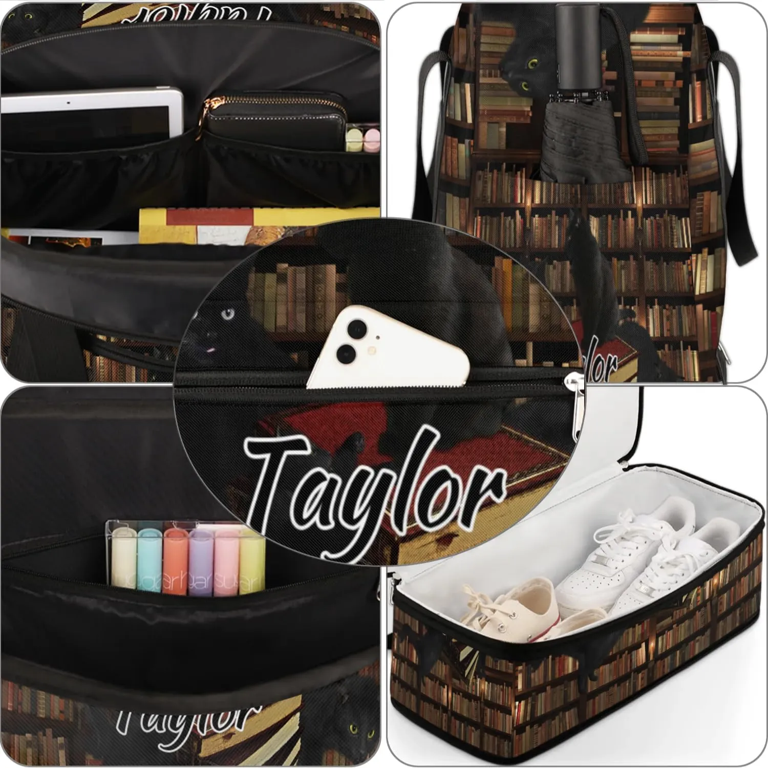 Customized Gym Bag for Women, Personalized Library Bookshelf Travel Duffel Bag with Name, Black Cat Weekender Overnight Bag with Shoes Compartment for Men Travel Yoga