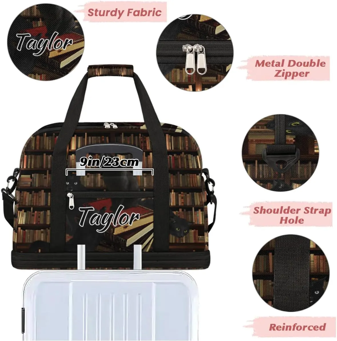 Customized Gym Bag for Women, Personalized Library Bookshelf Travel Duffel Bag with Name, Black Cat Weekender Overnight Bag with Shoes Compartment for Men Travel Yoga