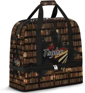 Customized Gym Bag for Women, Personalized Library Bookshelf Travel Duffel Bag with Name, Black Cat Weekender Overnight Bag with Shoes Compartment for Men Travel Yoga