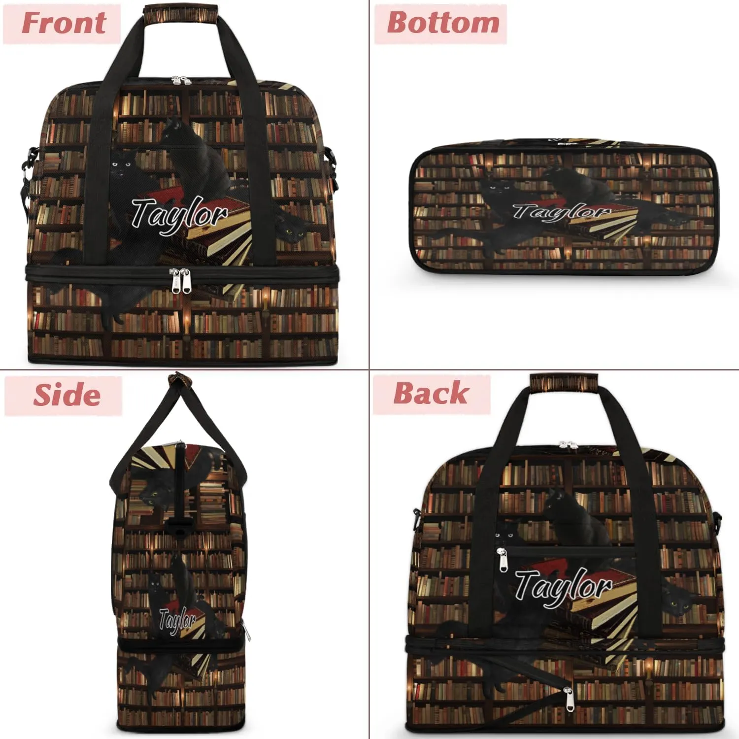 Customized Gym Bag for Women, Personalized Library Bookshelf Travel Duffel Bag with Name, Black Cat Weekender Overnight Bag with Shoes Compartment for Men Travel Yoga