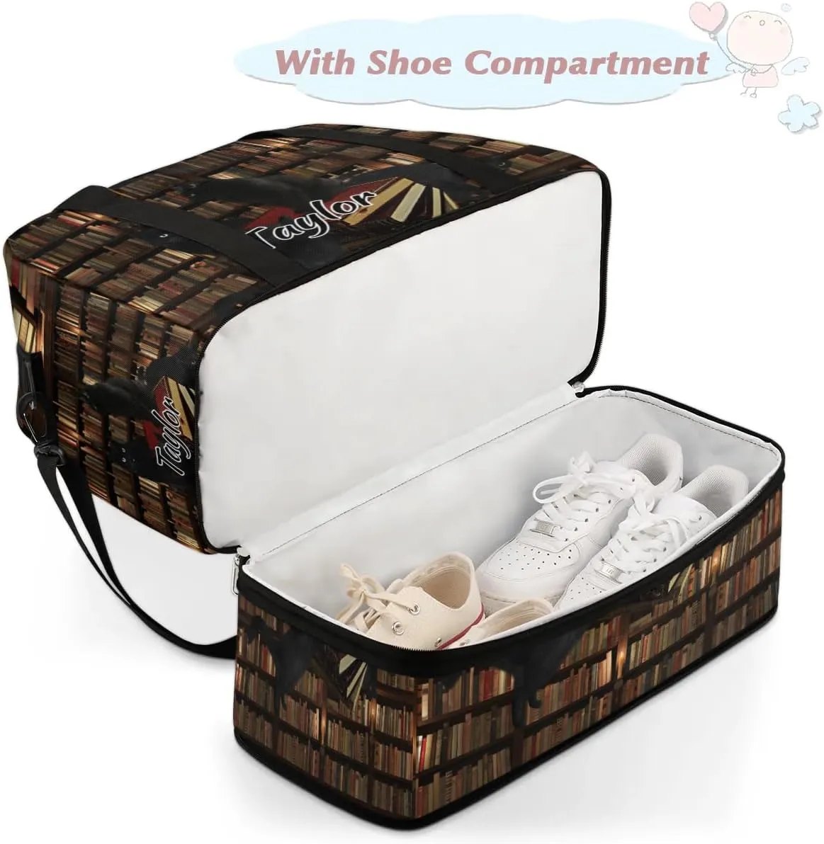 Customized Gym Bag for Women, Personalized Library Bookshelf Travel Duffel Bag with Name, Black Cat Weekender Overnight Bag with Shoes Compartment for Men Travel Yoga
