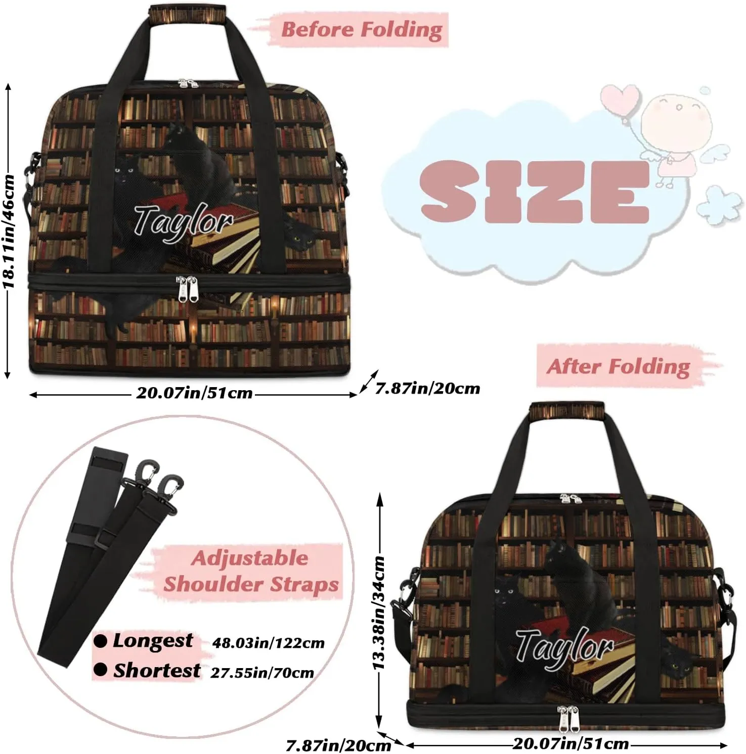Customized Gym Bag for Women, Personalized Library Bookshelf Travel Duffel Bag with Name, Black Cat Weekender Overnight Bag with Shoes Compartment for Men Travel Yoga