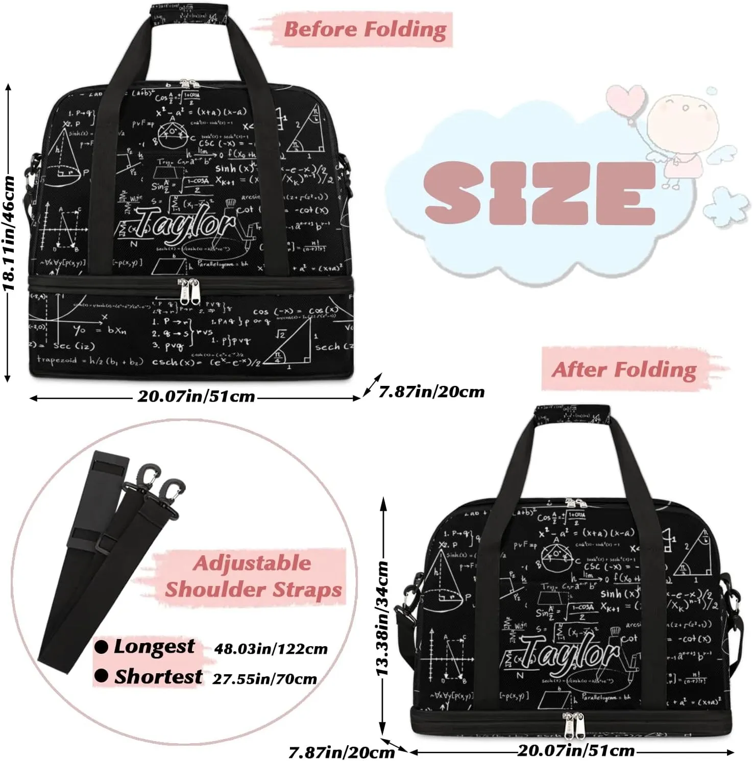 Customized Gym Bag for Women, Personalized Math Travel Duffel Bag with Name, Math Black Weekender Overnight Bag with Shoes Compartment for Men Travel Yoga