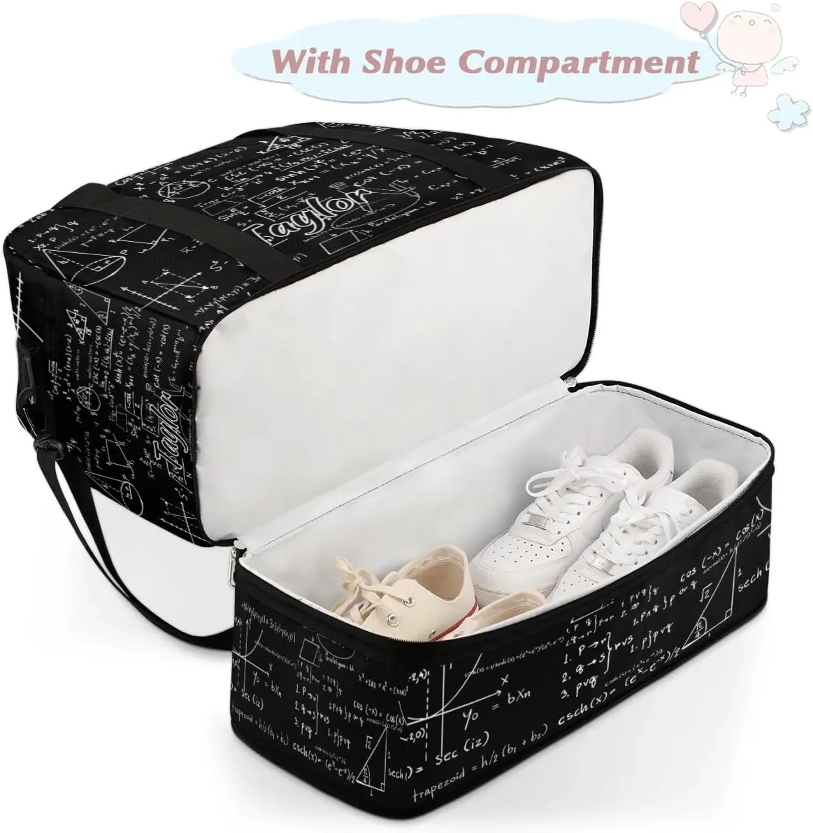 Customized Gym Bag for Women, Personalized Math Travel Duffel Bag with Name, Math Black Weekender Overnight Bag with Shoes Compartment for Men Travel Yoga