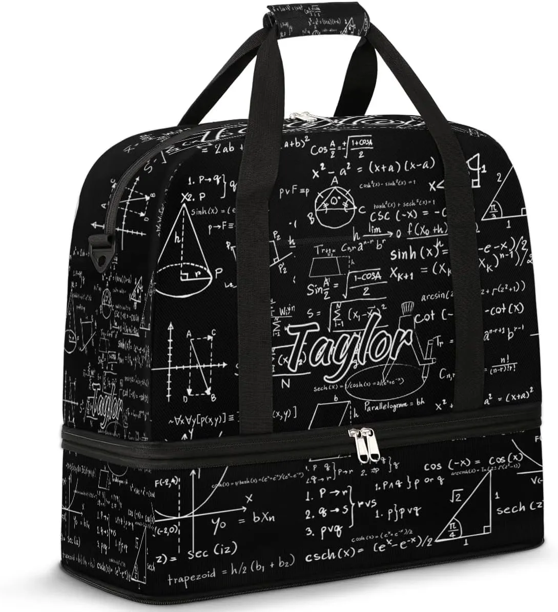 Customized Gym Bag for Women, Personalized Math Travel Duffel Bag with Name, Math Black Weekender Overnight Bag with Shoes Compartment for Men Travel Yoga