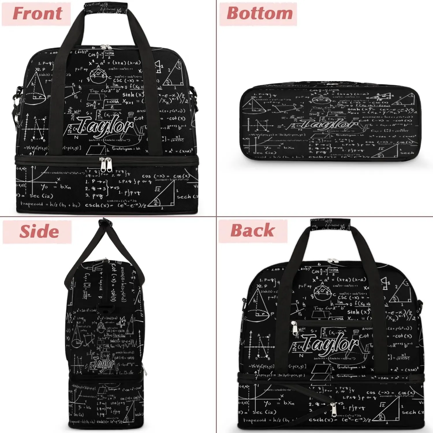 Customized Gym Bag for Women, Personalized Math Travel Duffel Bag with Name, Math Black Weekender Overnight Bag with Shoes Compartment for Men Travel Yoga