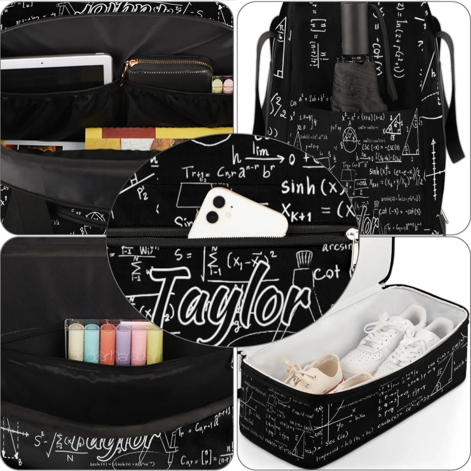 Customized Gym Bag for Women, Personalized Math Travel Duffel Bag with Name, Math Black Weekender Overnight Bag with Shoes Compartment for Men Travel Yoga