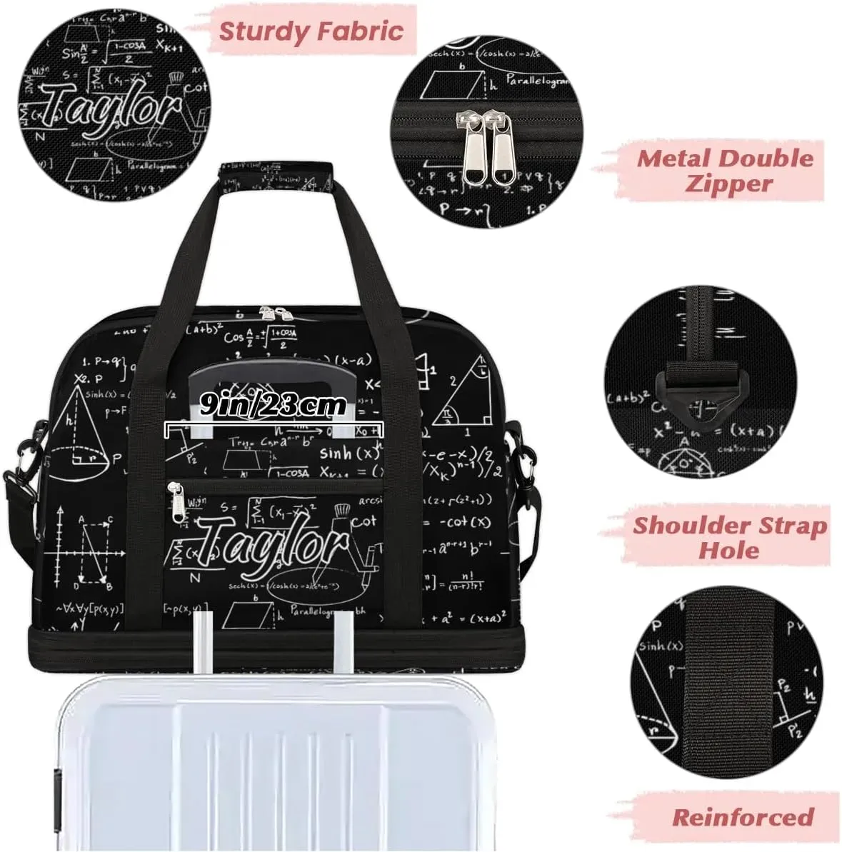 Customized Gym Bag for Women, Personalized Math Travel Duffel Bag with Name, Math Black Weekender Overnight Bag with Shoes Compartment for Men Travel Yoga