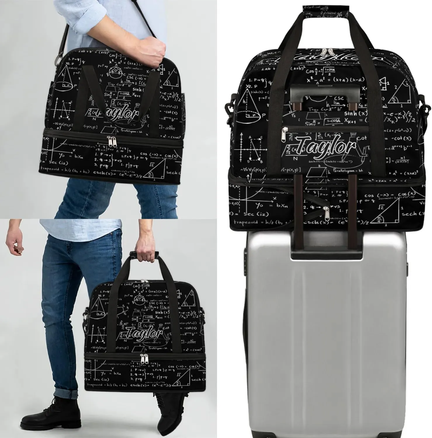 Customized Gym Bag for Women, Personalized Math Travel Duffel Bag with Name, Math Black Weekender Overnight Bag with Shoes Compartment for Men Travel Yoga