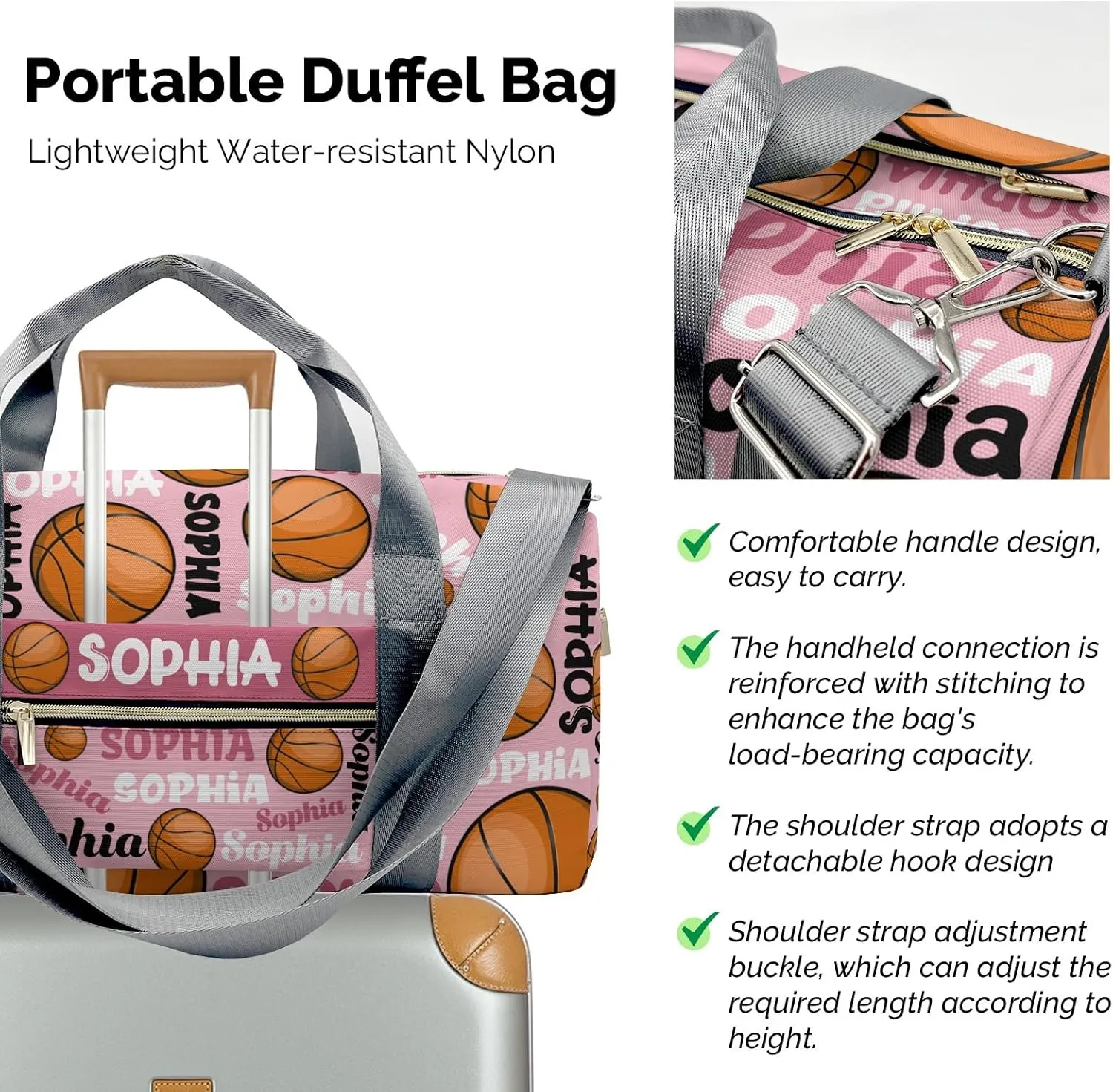 Custon Name Basketball Text Pink Gym Sport Duffel Bag Sport Player Travel Bag,Personalized Gift Travel Hand Bag Carry on Bag