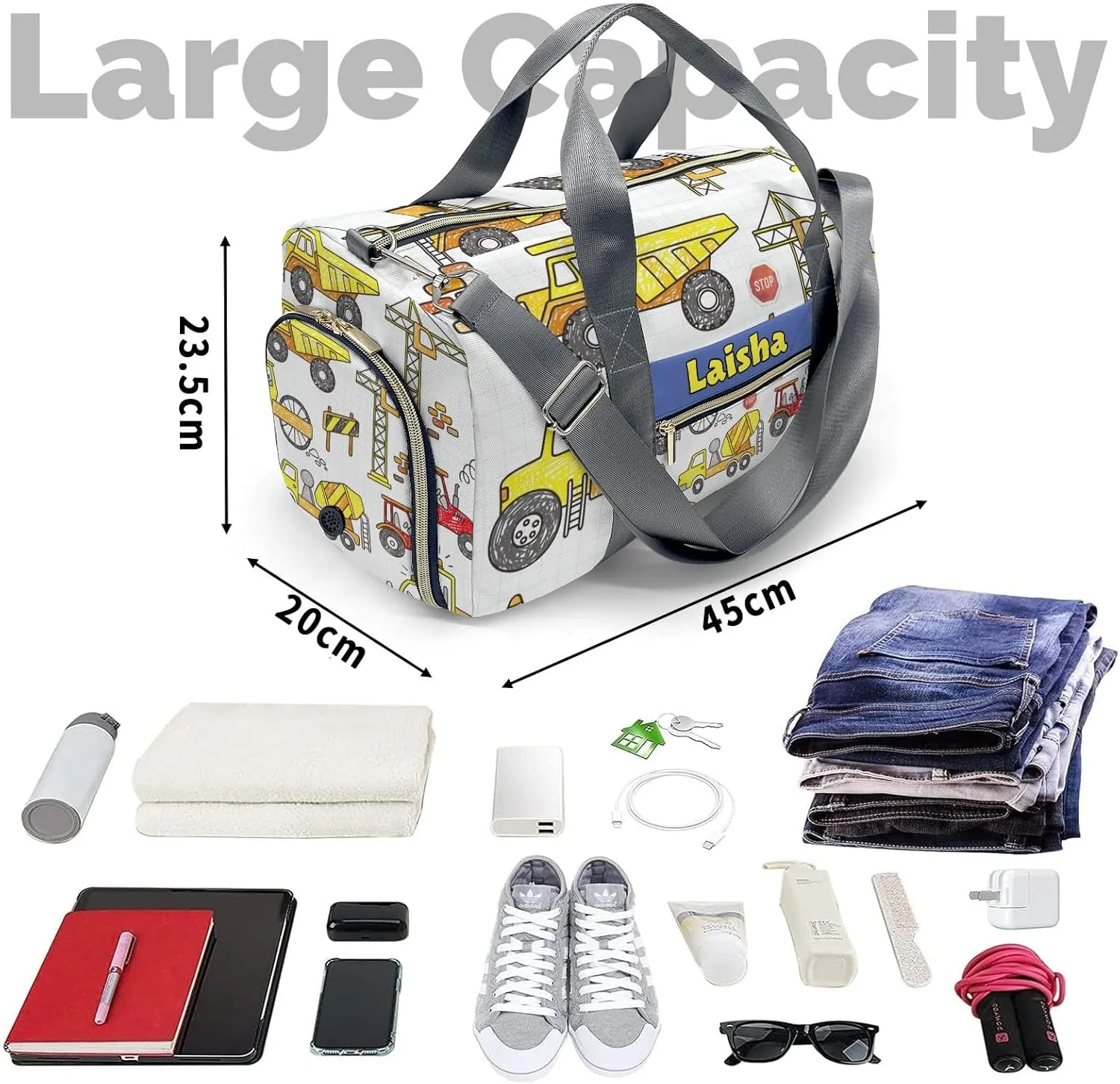 Custon Name Doodle Construction Trucks Set Gym Sport Duffel Bag Sport Player Travel Bag,Sport Gym Bag Personalized Gift for Travel Hand Bag Carry on Bag