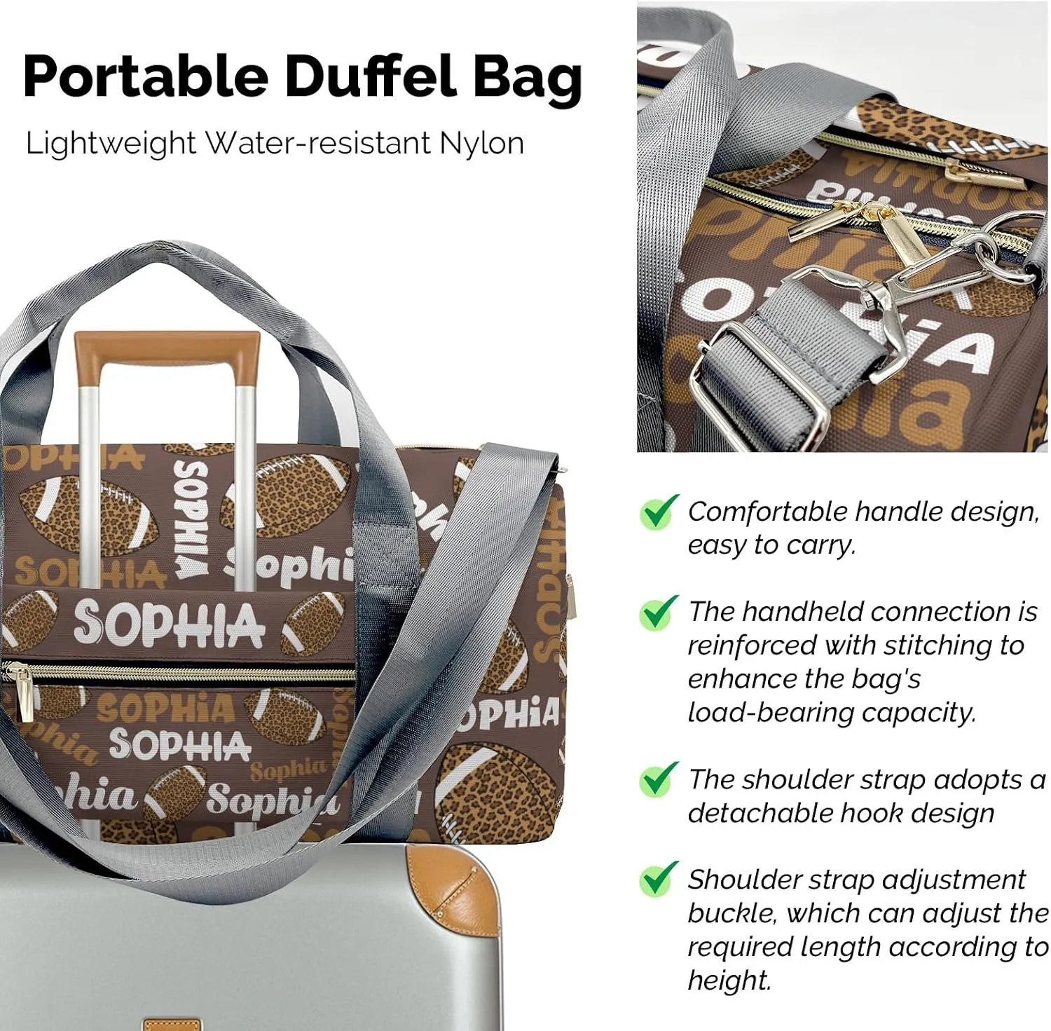 Custon Name Football Leopard Text Brown Gym Sport Yoga Duffel Bag Sport Player Travel Bag,Sport Gym Bag Personalized Gift for Travel Hand Bag Carry on Bag
