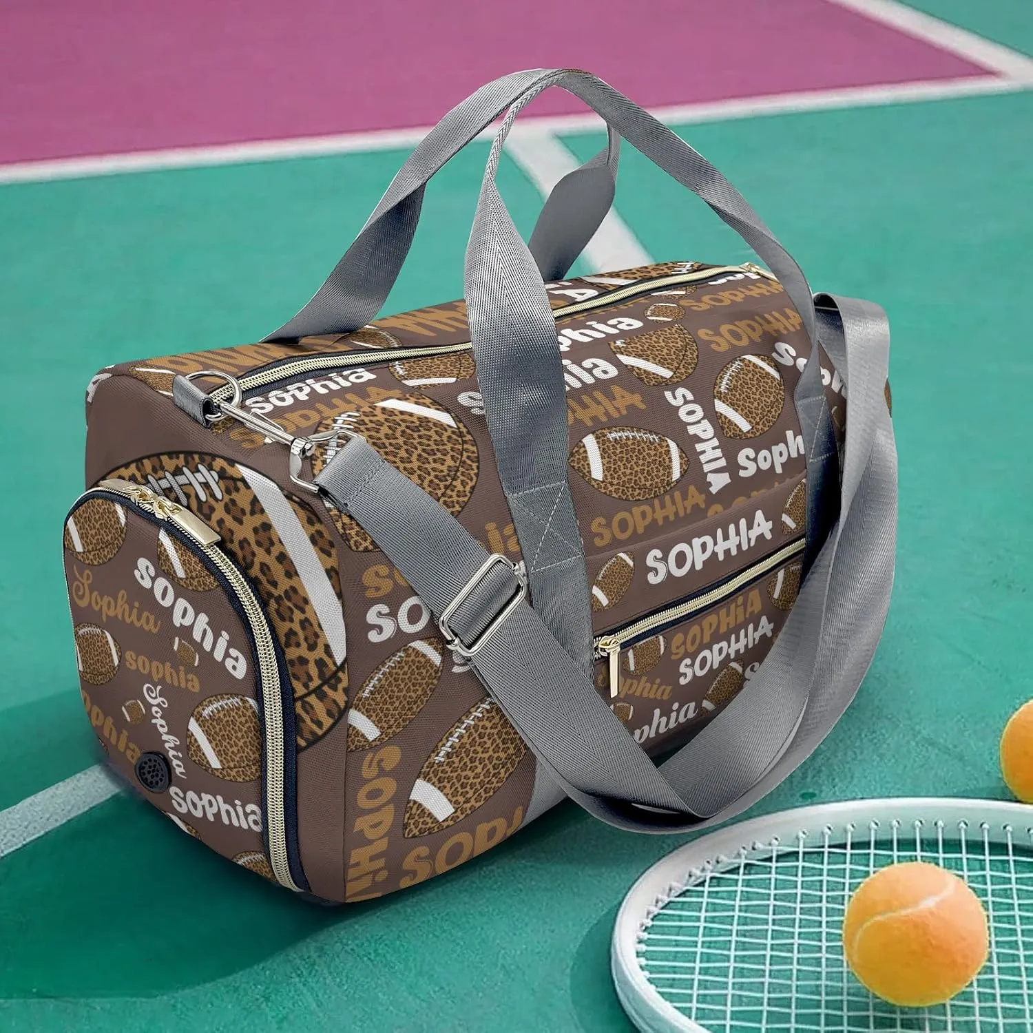 Custon Name Football Leopard Text Brown Gym Sport Yoga Duffel Bag Sport Player Travel Bag,Sport Gym Bag Personalized Gift for Travel Hand Bag Carry on Bag