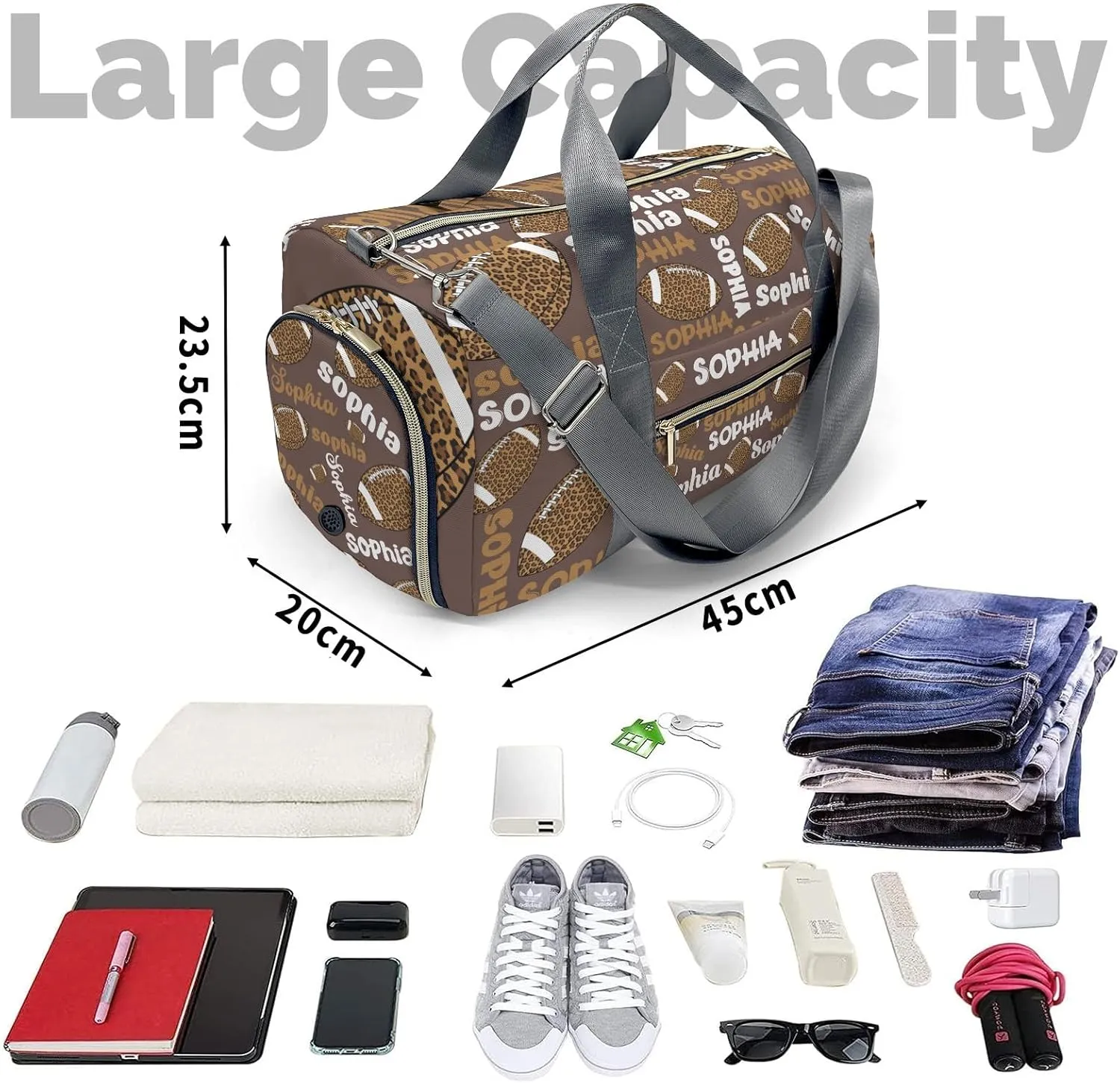 Custon Name Football Leopard Text Brown Gym Sport Yoga Duffel Bag Sport Player Travel Bag,Sport Gym Bag Personalized Gift for Travel Hand Bag Carry on Bag