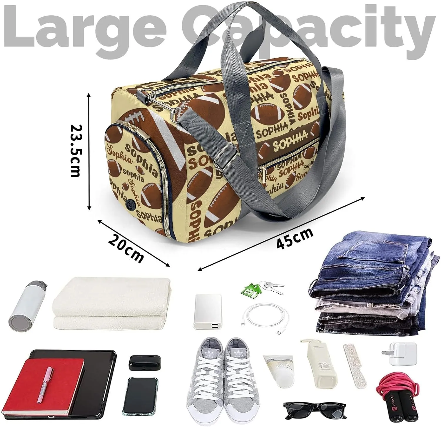 Custon Name Football Text Yellow Gym Sport Yoga Duffel Bag Sport Player Travel Bag,Sport Gym Bag Personalized Gift for Travel Hand Bag Carry on Bag