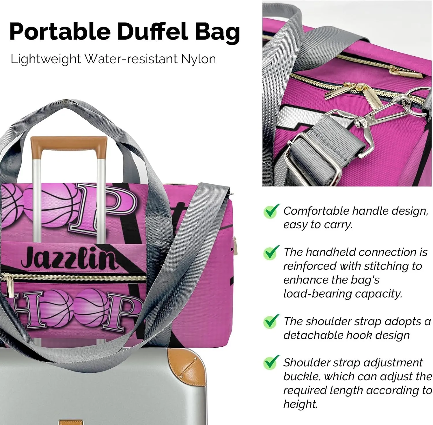 Custon Name Hoop it Basketball Pink Gym Sport Yoga Duffel Bag Sport Player Travel Bag,Sport Gym Bag Personalized Gift for Travel Hand Bag Carry on Bag