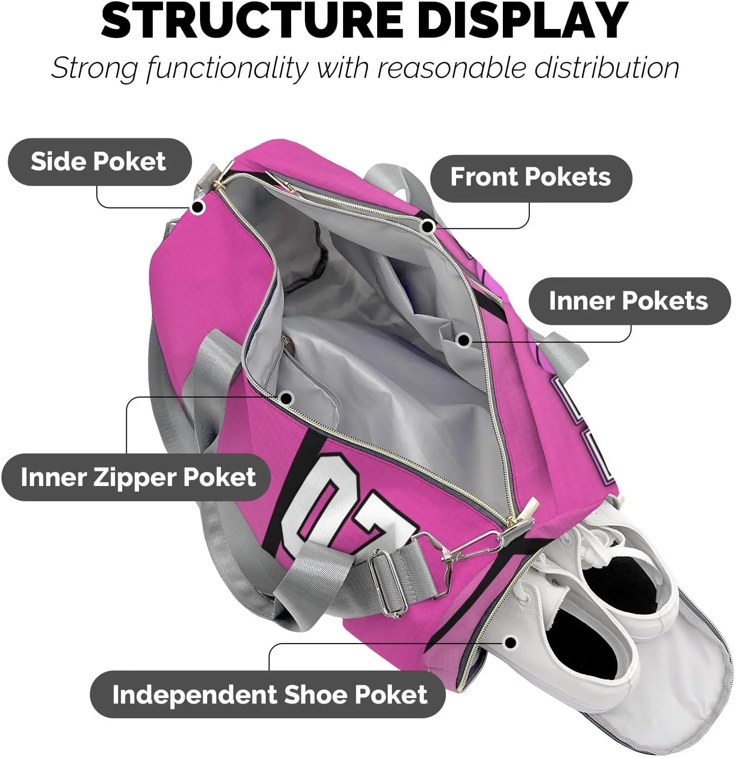 Custon Name Hoop it Basketball Pink Gym Sport Yoga Duffel Bag Sport Player Travel Bag,Sport Gym Bag Personalized Gift for Travel Hand Bag Carry on Bag