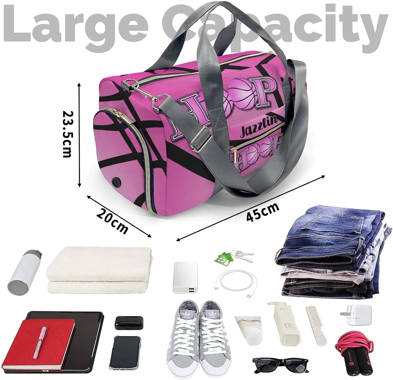 Custon Name Hoop it Basketball Pink Gym Sport Yoga Duffel Bag Sport Player Travel Bag,Sport Gym Bag Personalized Gift for Travel Hand Bag Carry on Bag