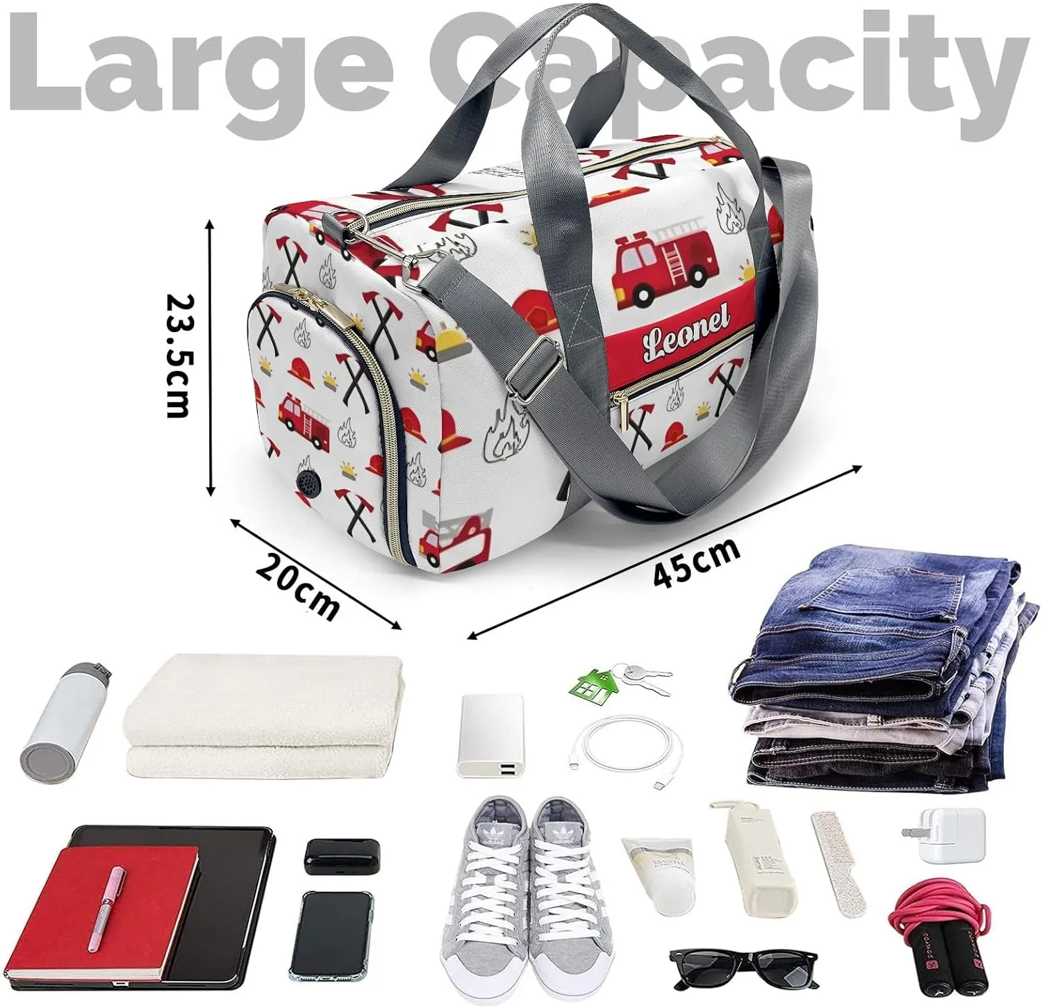 Custon Name Little Fire Truck Gym Sport Yoga Duffel Bag Sport Player Travel Bag,Sport Gym Bag Personalized Gift for Travel Hand Bag Carry on Bag