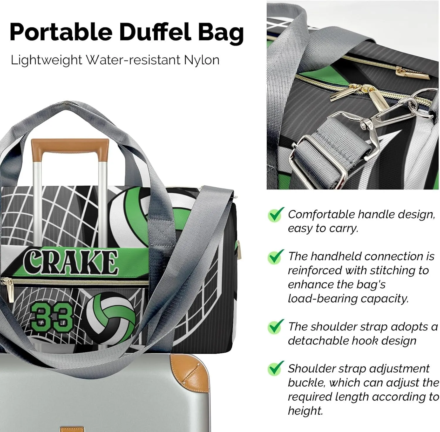 Custon Name Volleyball Team Grass Green Gym Sport Yoga Duffel Bag Sport Player Travel Bag,Sport Gym Bag Personalized Gift for Travel Hand Bag Carry on Bag