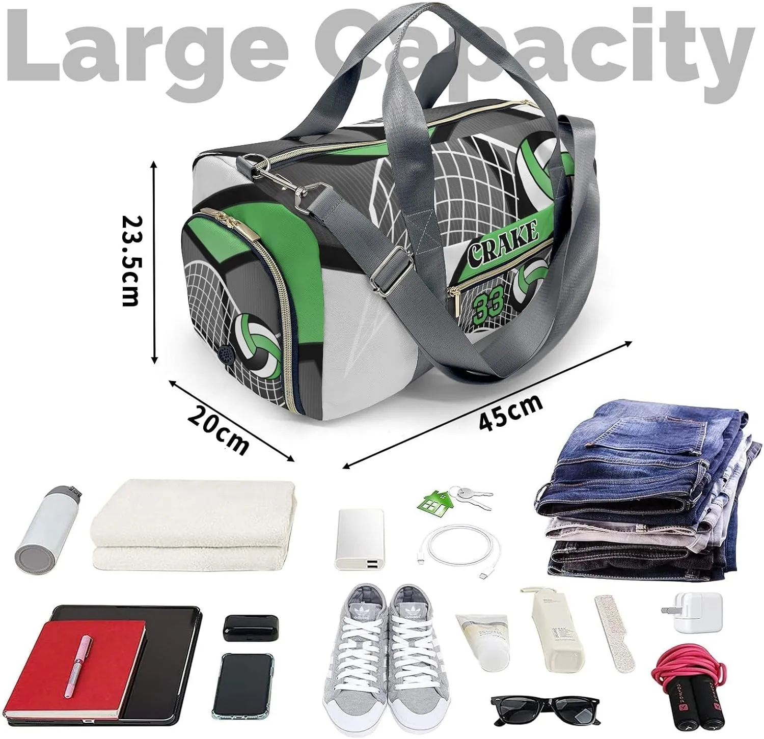 Custon Name Volleyball Team Grass Green Gym Sport Yoga Duffel Bag Sport Player Travel Bag,Sport Gym Bag Personalized Gift for Travel Hand Bag Carry on Bag