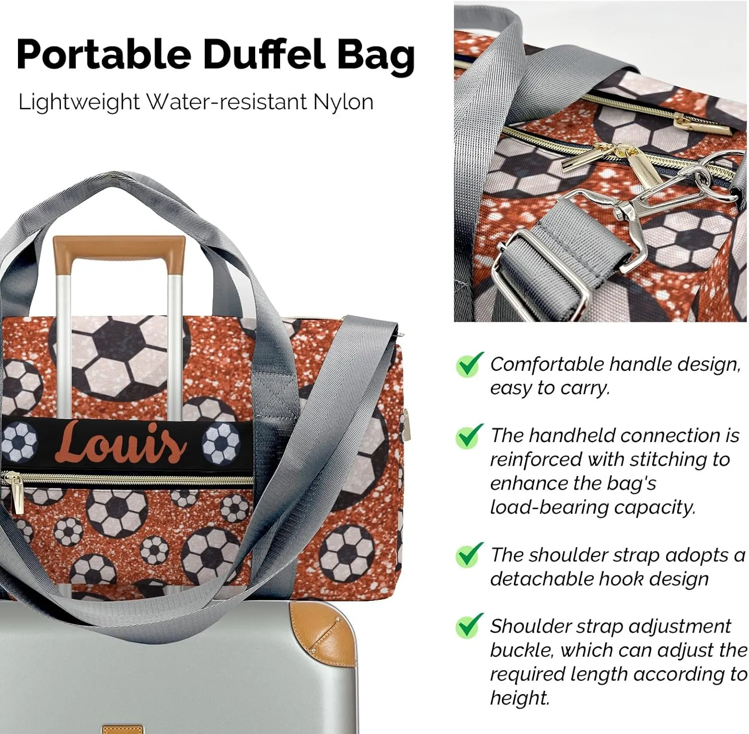 Custon Orange Gliiter Balls Soccer Gym Duffel Bag Sport Player Travel Bag,Sport Gym Bag Gift for Travel Hand Bag Carry on Bag