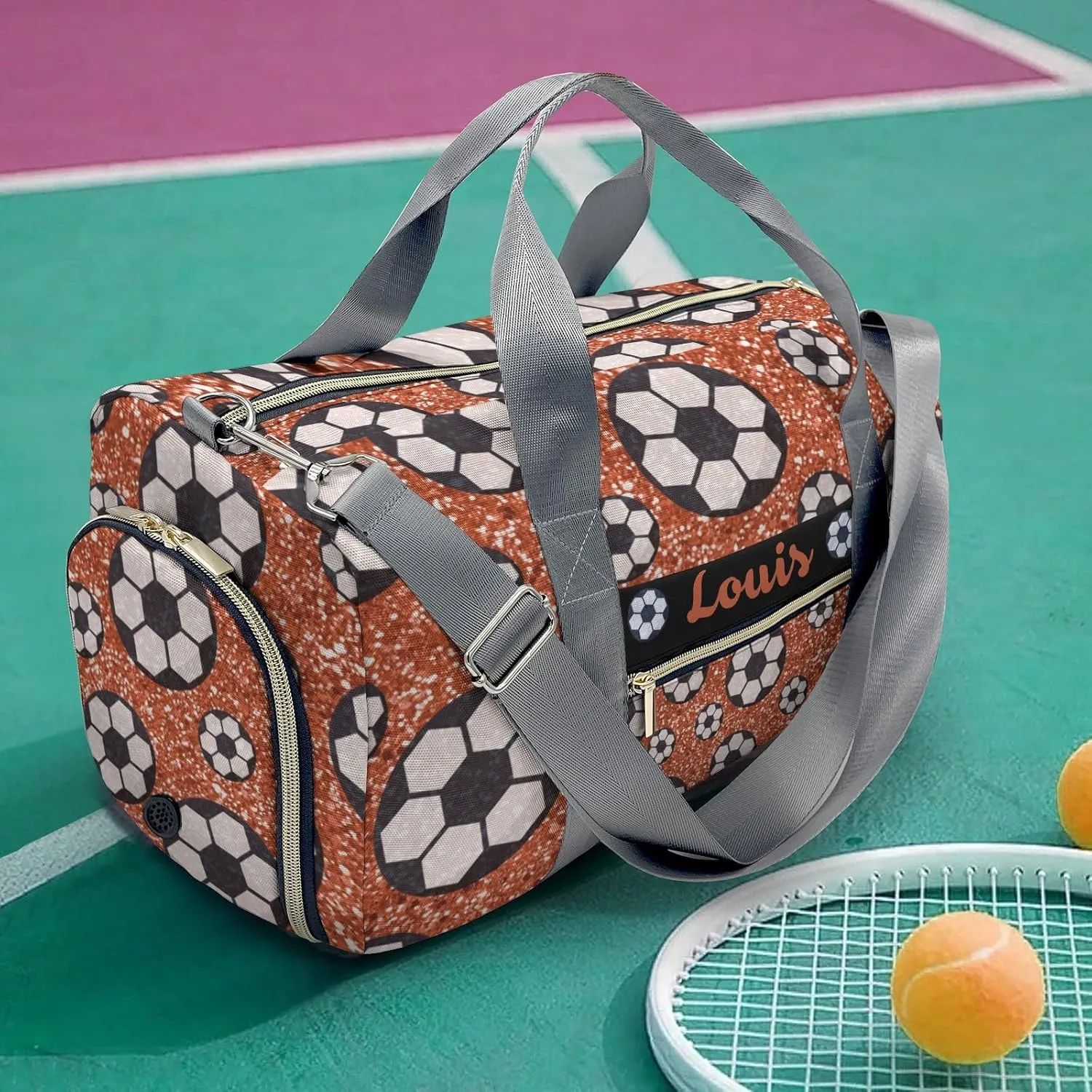 Custon Orange Gliiter Balls Soccer Gym Duffel Bag Sport Player Travel Bag,Sport Gym Bag Gift for Travel Hand Bag Carry on Bag