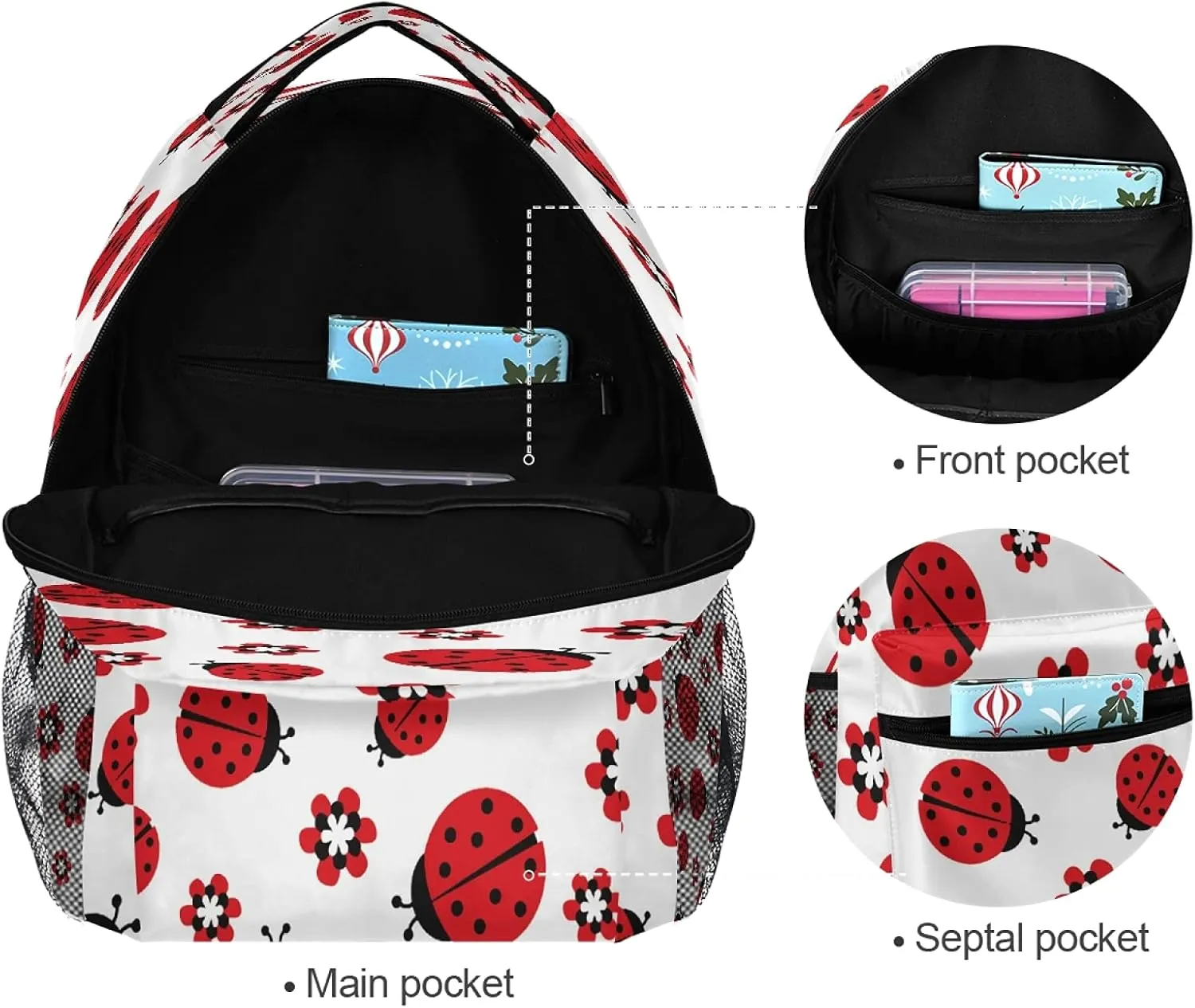 Cute Animal Ladybugs Flower School Backpack for Teen Girls Boys Lightweight Student Backpack Travel Bookbag Laptop Casual Daypack