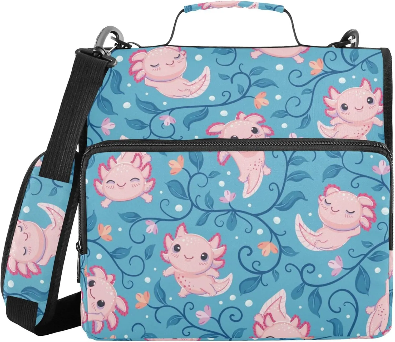 Cute Axolotls Algae Blue Zipper Binder 1.5 Inch 3 Ring Binder Bag with Shoulder Strap Binder Organizer for Office College, 1 Pack