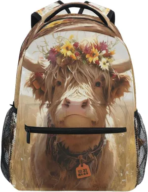 Cute Backpack for Men and Women Fashion Stylish Travel Bags with Chest Strap for Travel Trip A Highland Calf with A Flower Crown Standing in A Grassy Field