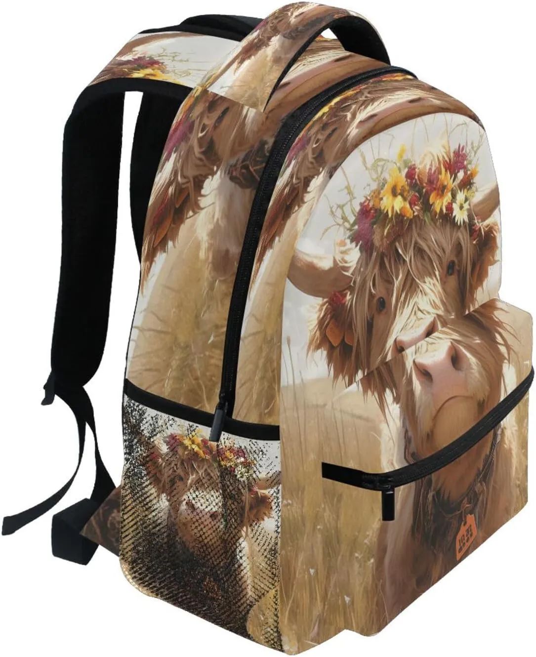 Cute Backpack for Men and Women Fashion Stylish Travel Bags with Chest Strap for Travel Trip A Highland Calf with A Flower Crown Standing in A Grassy Field