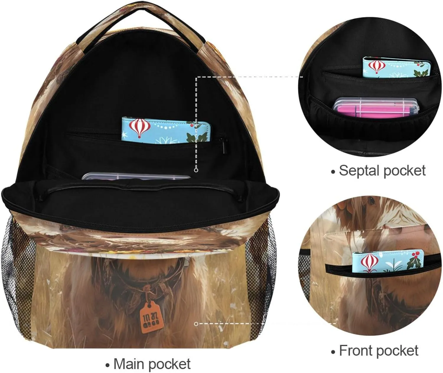 Cute Backpack for Men and Women Fashion Stylish Travel Bags with Chest Strap for Travel Trip A Highland Calf with A Flower Crown Standing in A Grassy Field