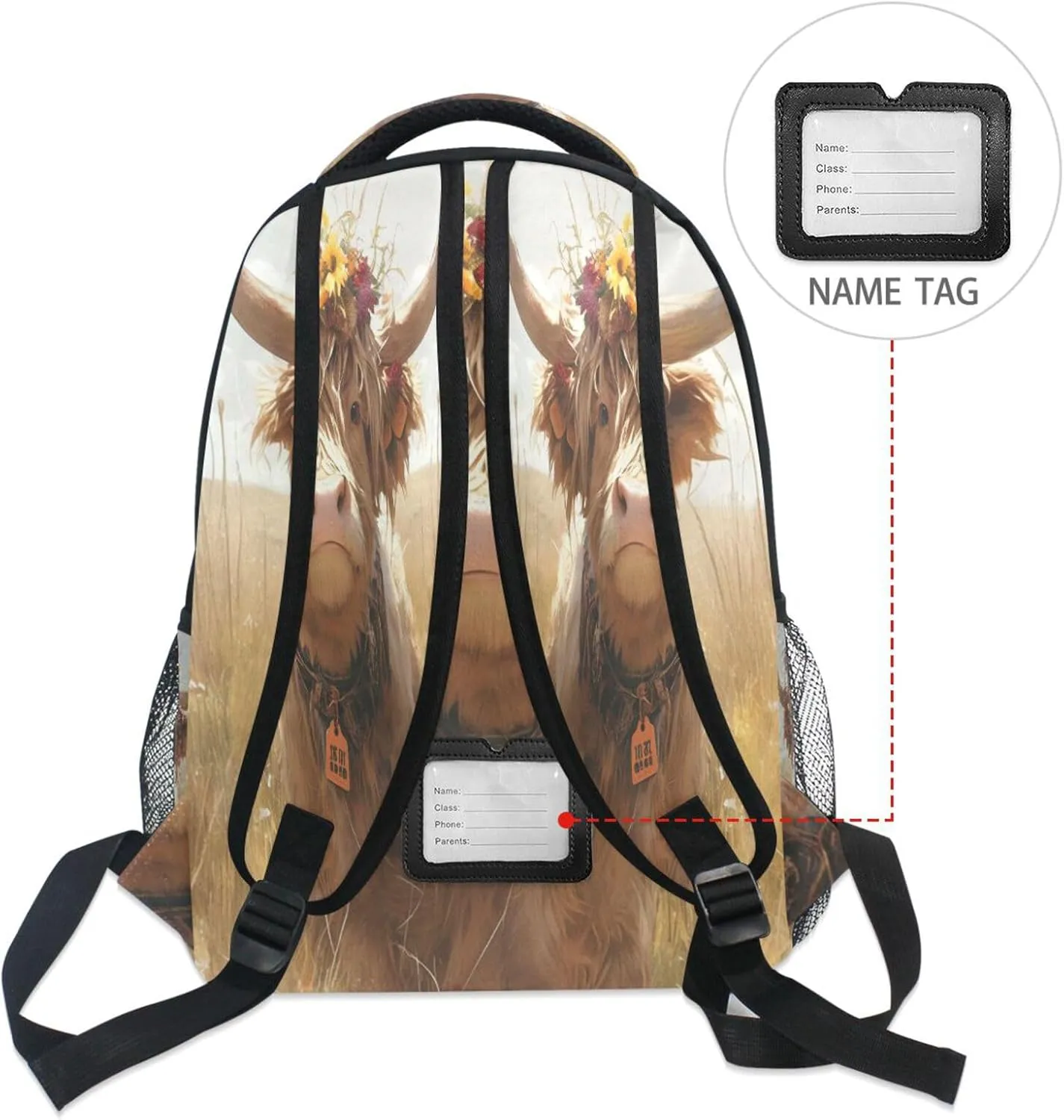 Cute Backpack for Men and Women Fashion Stylish Travel Bags with Chest Strap for Travel Trip A Highland Calf with A Flower Crown Standing in A Grassy Field