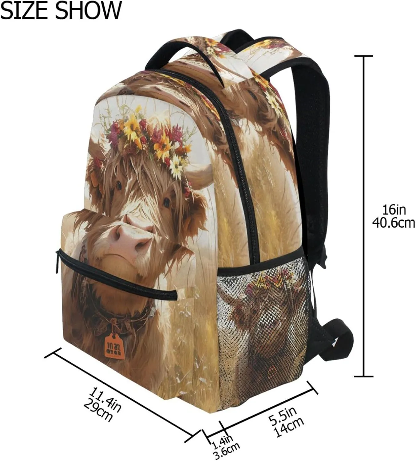 Cute Backpack for Men and Women Fashion Stylish Travel Bags with Chest Strap for Travel Trip A Highland Calf with A Flower Crown Standing in A Grassy Field
