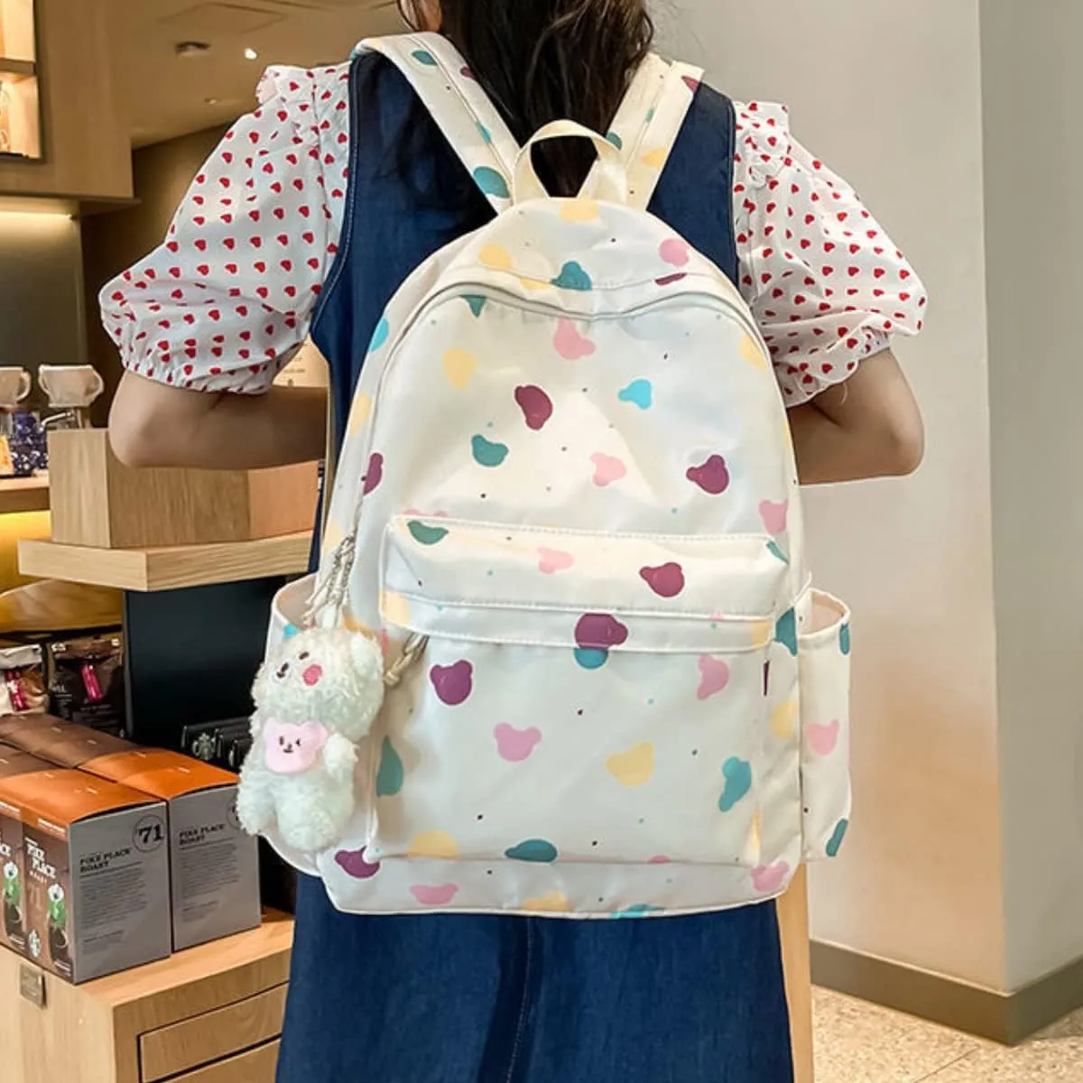Cute Backpack with Bear Aesthetic Accessories Kawaii stuff Y2K Backpack Preppy Shoulder Bookbag (Heart Shape)