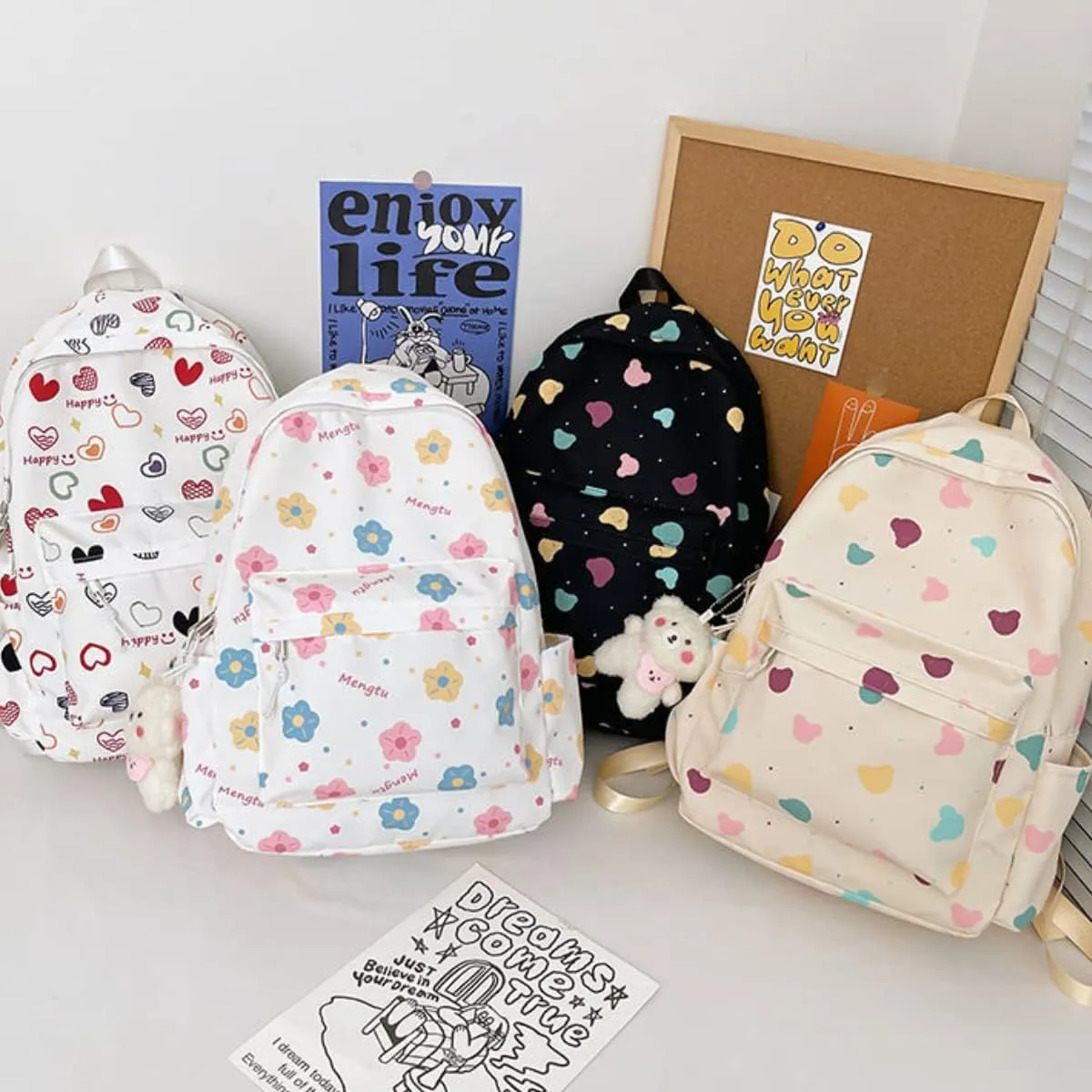 Cute Backpack with Bear Aesthetic Accessories Kawaii stuff Y2K Backpack Preppy Shoulder Bookbag (Heart Shape)