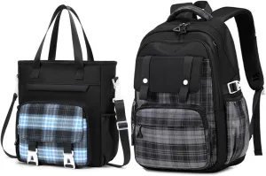 Cute Backpack with Messenger Bag, Backpack with Shoulder Crossbody Sling Lunch Bag (Black,Backpack Lunch Bag Set)