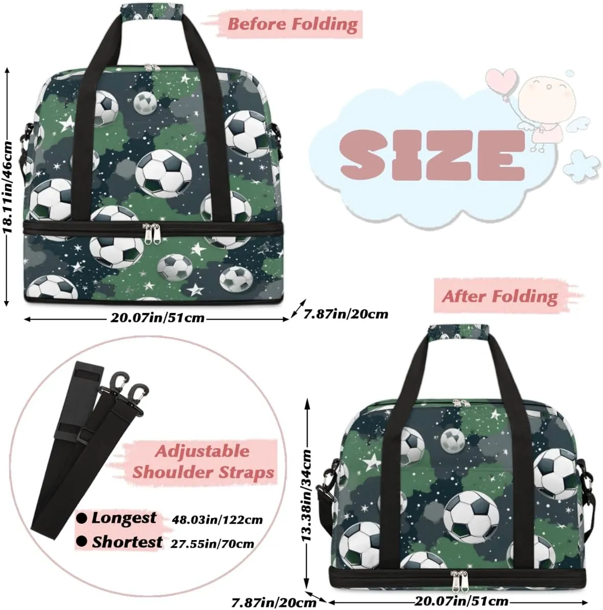 Cute Balls Pattern Foldable Travel Duffel Bag Overnight Weekender Bag with Shoes Compartment Sports Gym Bag for Men Women