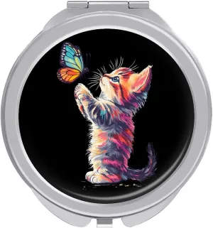 Cute Cat Playing Butterflies Compact Makeup Mirror Mini Foldable Cosmetic Mirror Portable Travel Mirror for Purse Pocket