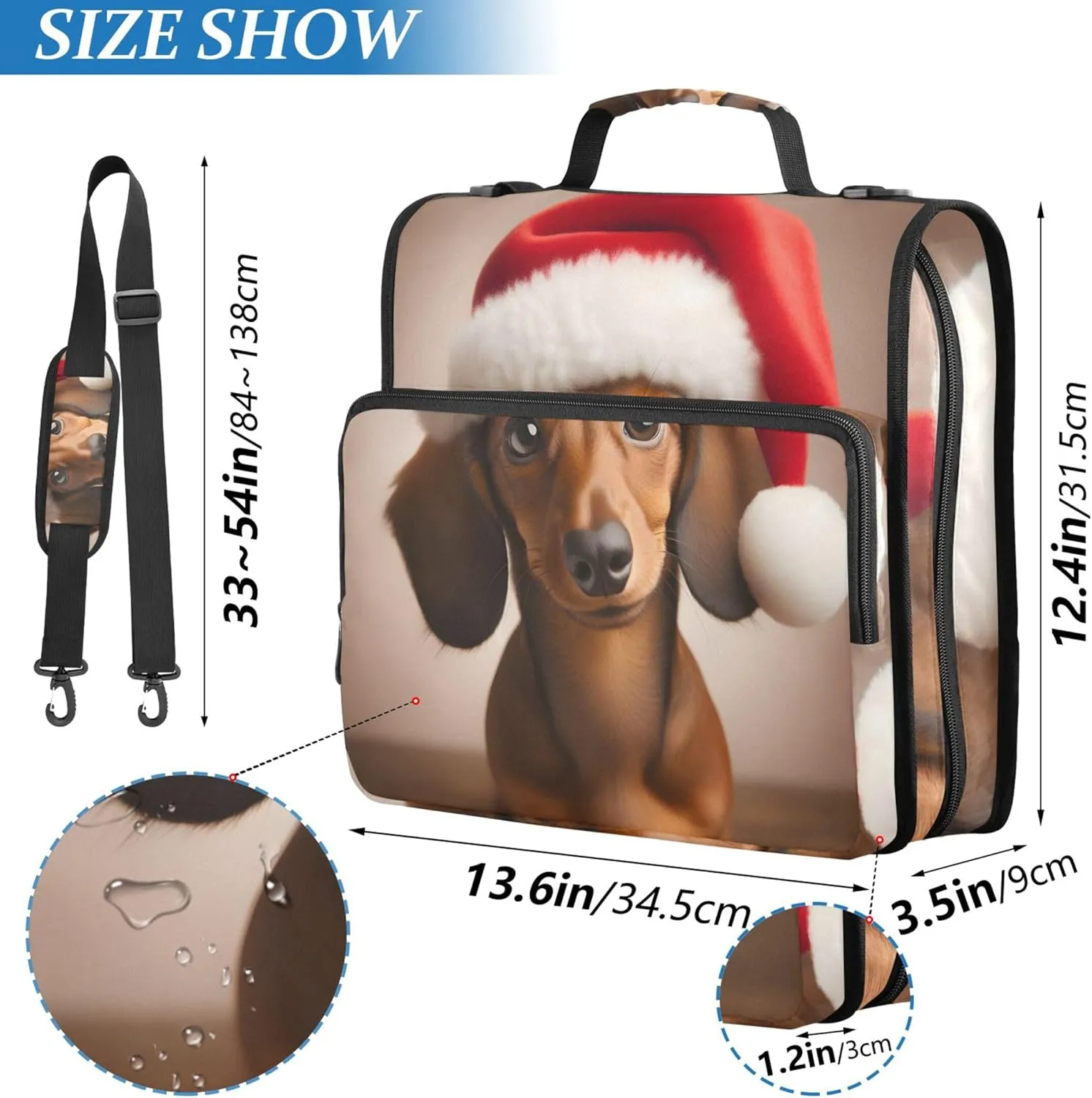Cute Dachshund Christmas Hat Binder Zipper Organizer 1.5 Inch 3 Ring Binders Heavy Duty School Binder Bag with Shoulder Strap Multi Pockets Large Portfolio Folder