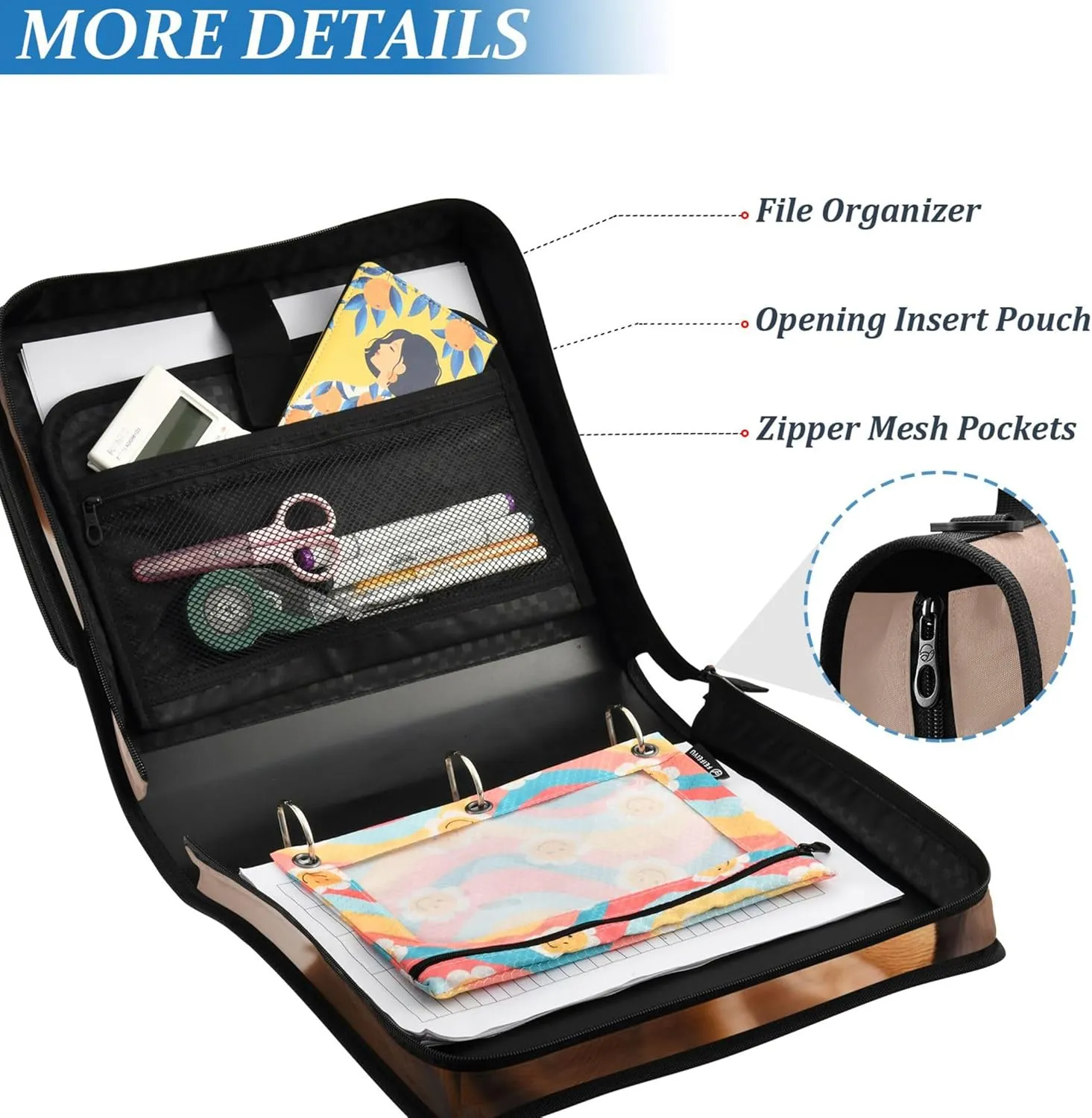 Cute Dachshund Christmas Hat Binder Zipper Organizer 1.5 Inch 3 Ring Binders Heavy Duty School Binder Bag with Shoulder Strap Multi Pockets Large Portfolio Folder