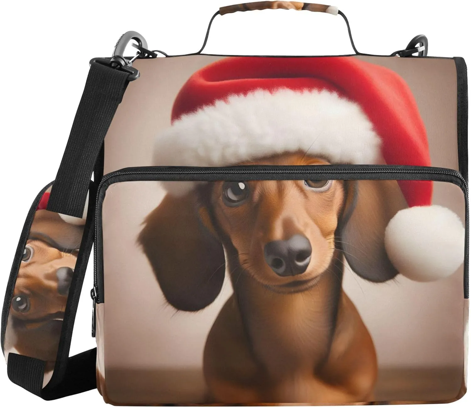 Cute Dachshund Christmas Hat Binder Zipper Organizer 1.5 Inch 3 Ring Binders Heavy Duty School Binder Bag with Shoulder Strap Multi Pockets Large Portfolio Folder