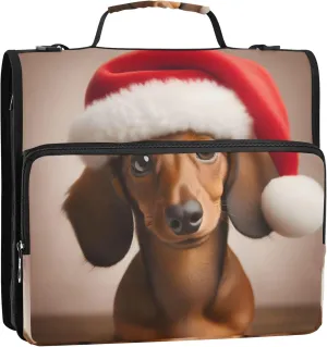 Cute Dachshund Christmas Hat Binder Zipper Organizer 1.5 Inch 3 Ring Binders Heavy Duty School Binder Bag with Shoulder Strap Multi Pockets Large Portfolio Folder