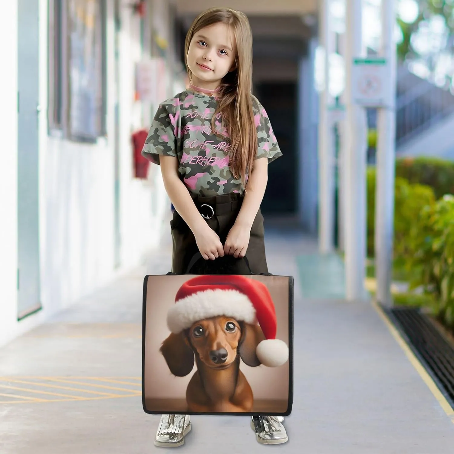 Cute Dachshund Christmas Hat Binder Zipper Organizer 1.5 Inch 3 Ring Binders Heavy Duty School Binder Bag with Shoulder Strap Multi Pockets Large Portfolio Folder