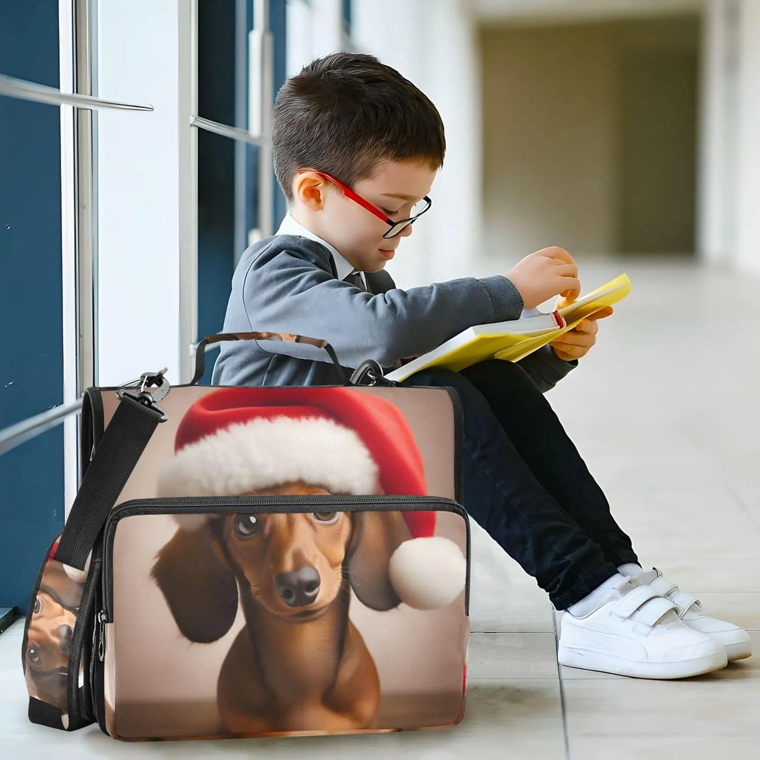 Cute Dachshund Christmas Hat Binder Zipper Organizer 1.5 Inch 3 Ring Binders Heavy Duty School Binder Bag with Shoulder Strap Multi Pockets Large Portfolio Folder