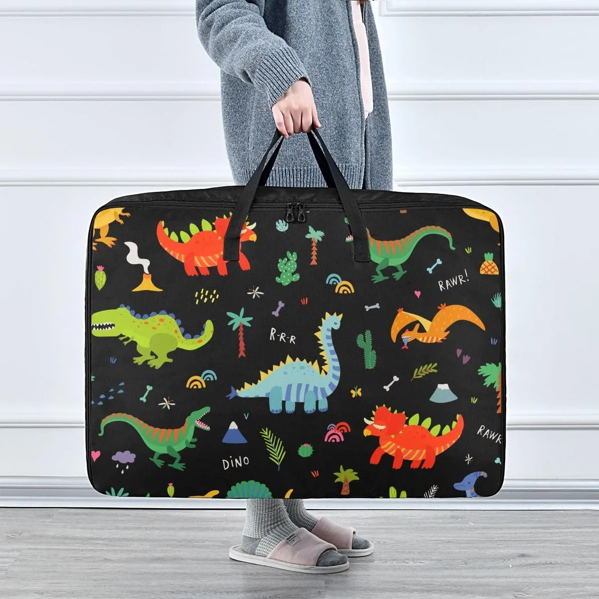 Cute Dinosaurs Storage Bags, 27.5x19.7x11 In, Extra Large Storage Duffle Bag with Zippers and Handles Zippered Storage Bags for Moving Essential