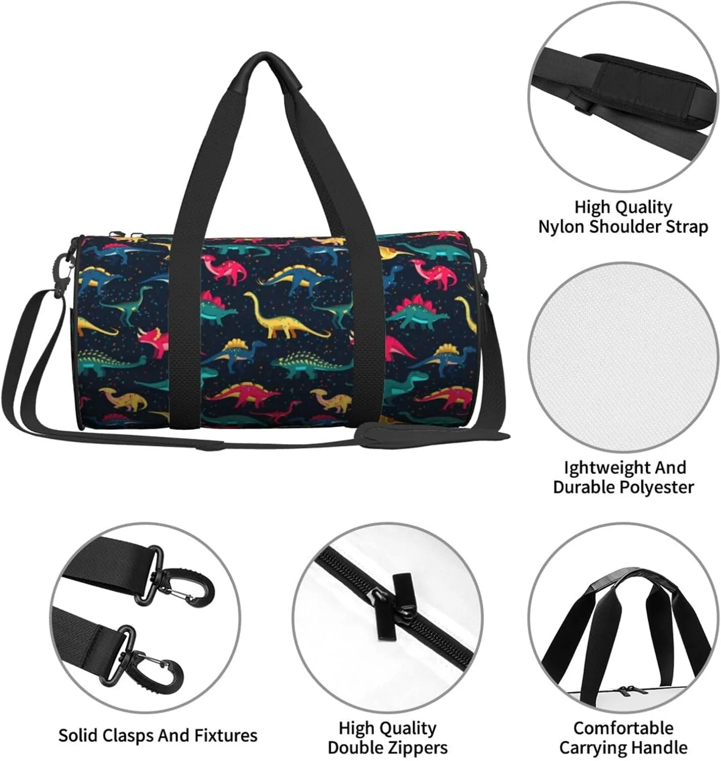 Cute fun dinosaurs Round Travel Duffel Bag Large Capacity Gym Sports Bags for Hiking Vacation Trips
