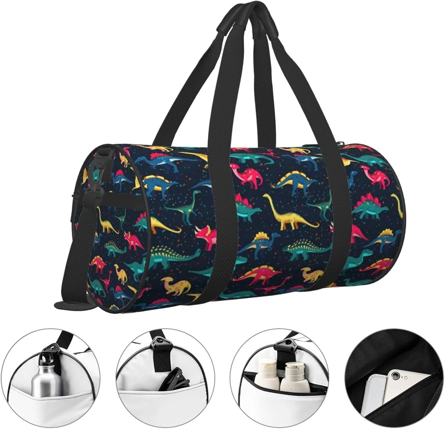Cute fun dinosaurs Round Travel Duffel Bag Large Capacity Gym Sports Bags for Hiking Vacation Trips