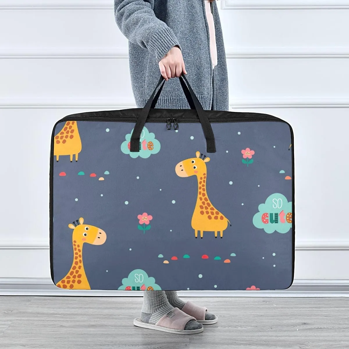 Cute Giraffe and Flowers Storage Bags Extra Large Moving Bags with Strong Zippers and Carrying Handles, Zippered Storage Bag for Moving